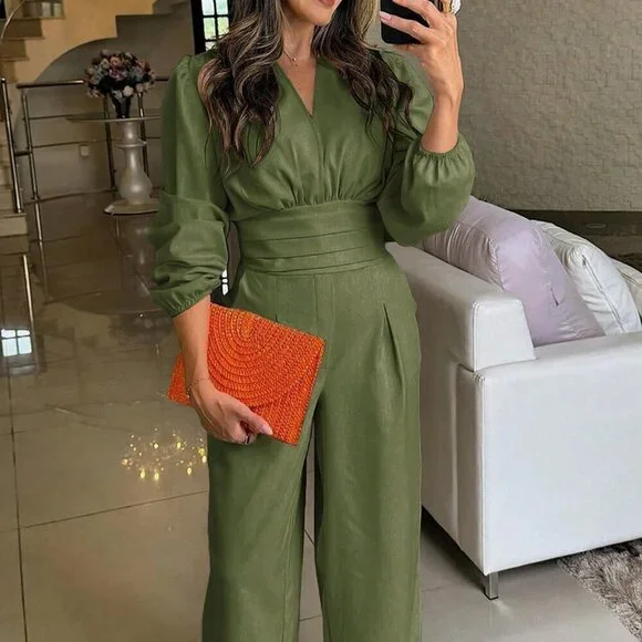 Army Green Elegant Women's Casual Solid Color Lantern Sleeve Jumpsuit